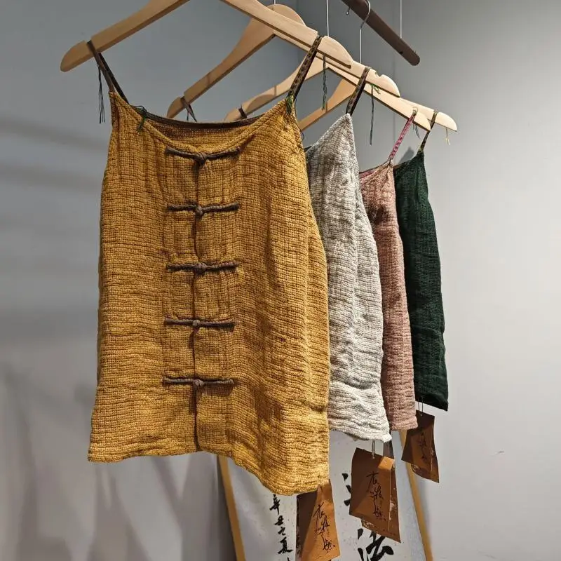 Original Design Summer Arts Style Women Sexy Spaghetti Strap Tank Top Vintage Button Camis Femme Linen Tops Good Quality B0422