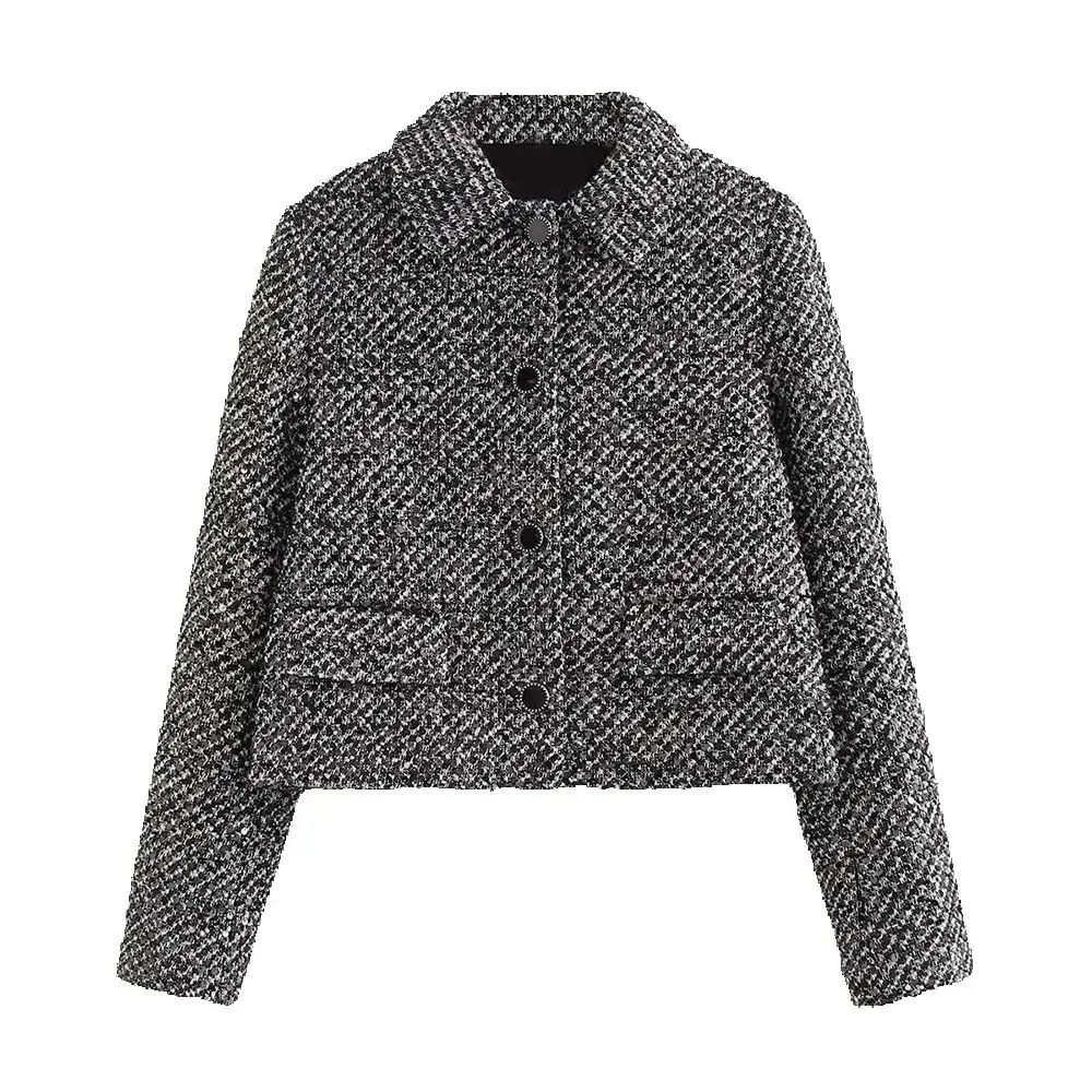 

New autumn and winter women's collar long sleeved pearl embellishment texture commuting temperament short suit jacket