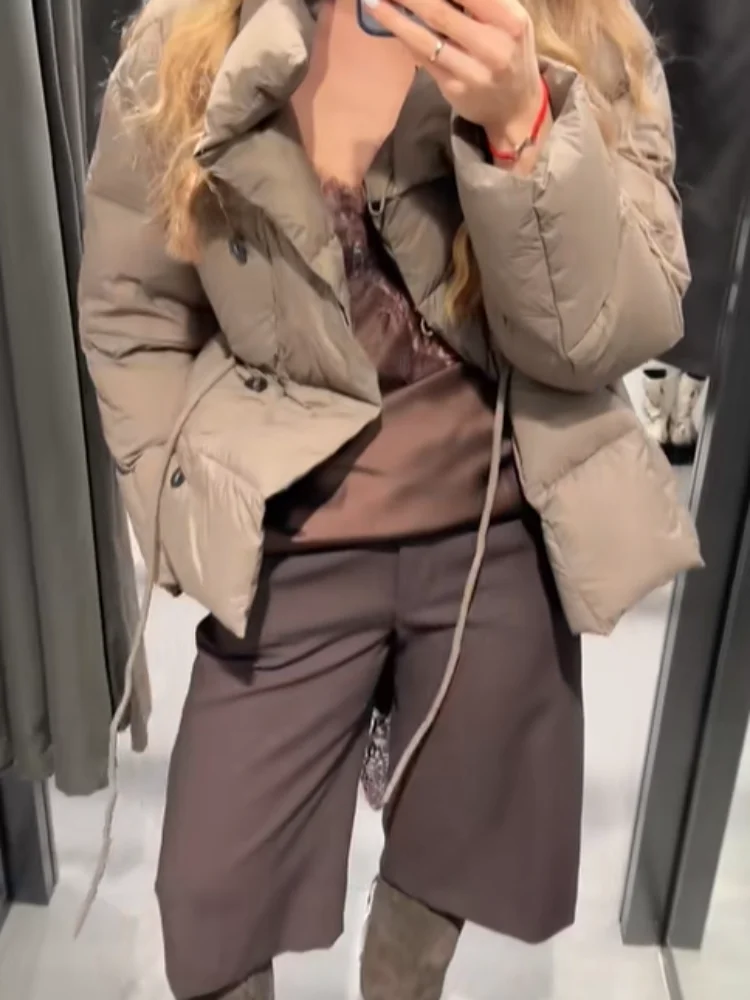 

Drawstring Women Cotton Coat Stand Collar Single Breasted Loose Puffer Warm Jacket Lady Winter Daily Street Jackets 2026