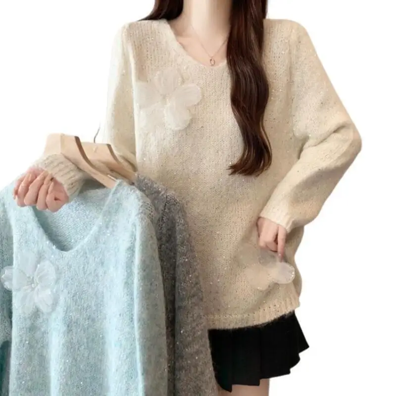 

Горячая сексуальная повседневная женская одежда, сверкающий вязаный свитер с трехмерным цветком, кавайные модные топы, весенне-осеннее пальто, новинка