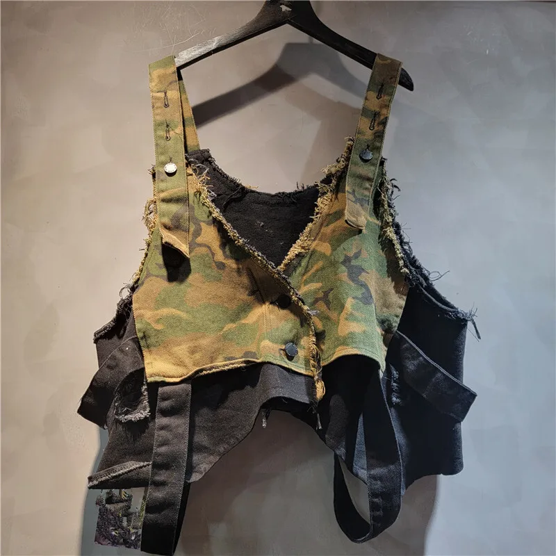 WHT Nova Moda Feminina Patchwork Camuflagem Denim Sling Tops Cintura Alta Zíper Design A-line Saias Feminino 2025 Verão 1LS1665