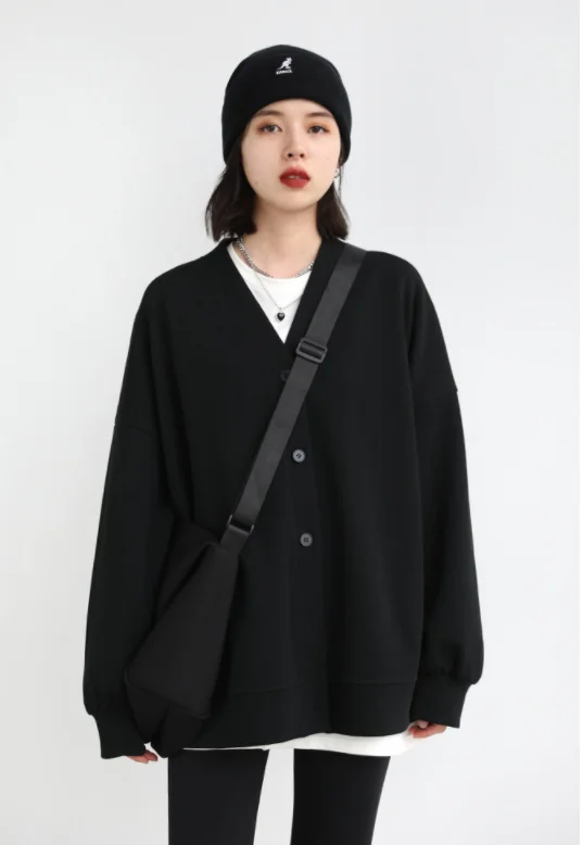 2023 Korean Autumn Winter Women's Sports Coat Casual Loose V-neck Sweatshirt for Women Thick Warm Tops Office Lady Female
