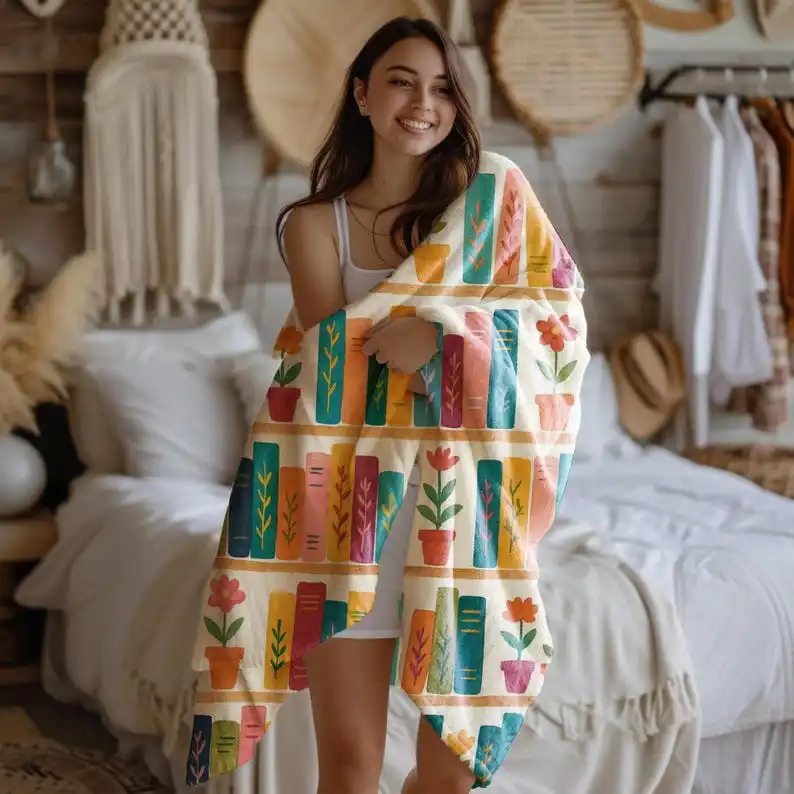 Colorful Bookshelf Flannel printed blanket suitable for all seasons suitable for living room office sofa and travel 180x250CM