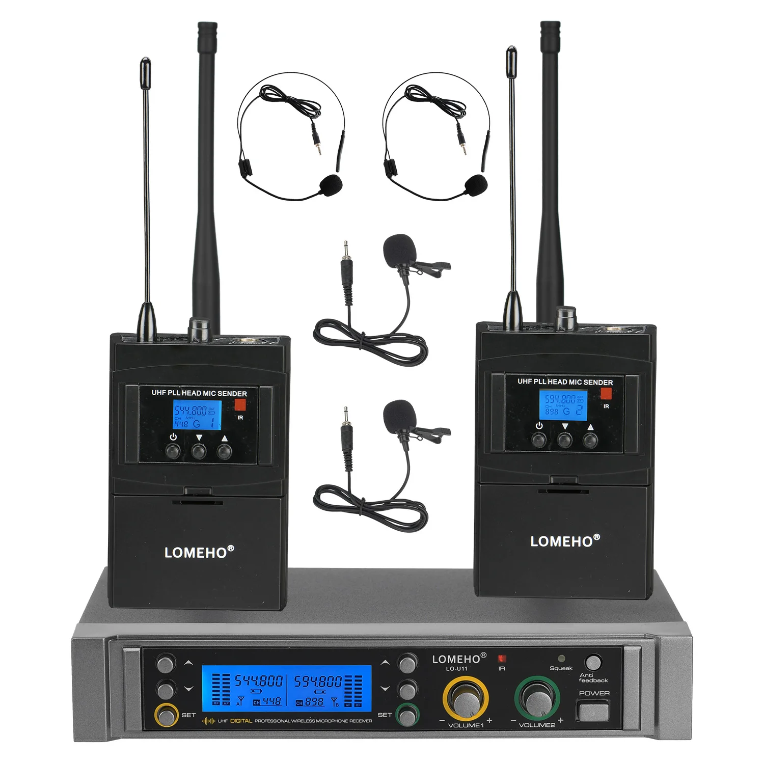 

LOMEHO 2 Way UHF Wireless Microphone System IR Dual Channel Bodypack Multi-Frequency Anti-feedback Karaoke Party Mic LO-U11H2