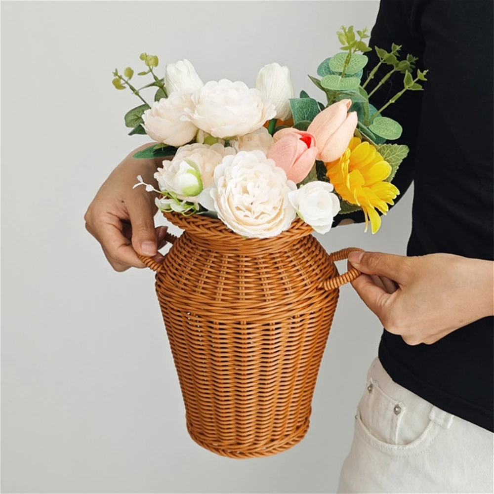 Handwoven Storage Basket Brown Weaving Flowerpot Plastic Home Decoration Flower Pot for Ventilation