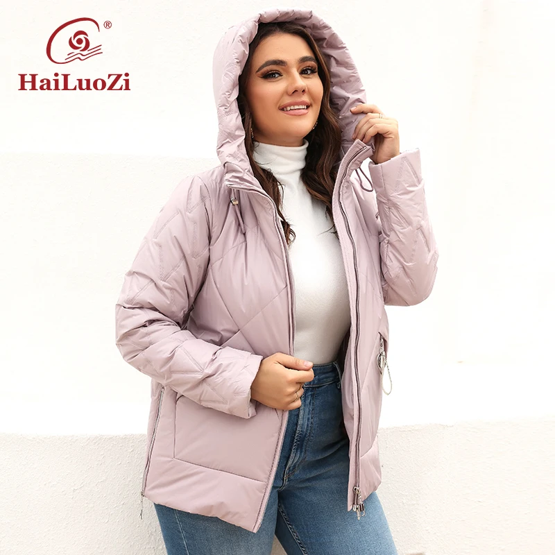 HaiLuoZi 2022 Spring Jacket Solid Color Plus Size Fashion Women Autumn Coat Casual Short Zipper Outwear Hooded Lady Parkas 7036