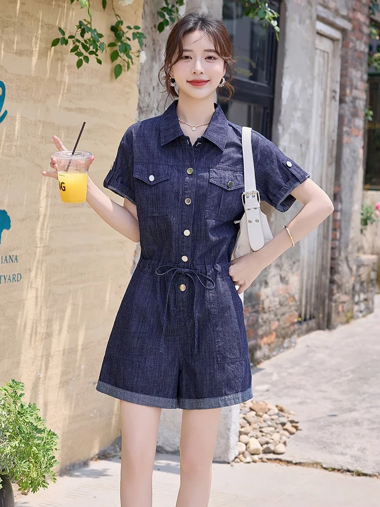 

Ele Thin Denim Overalls Women's Summer New Casual Small Size Wide Leg ort Pants One-Piece Trendy Cotton Blend Fabric