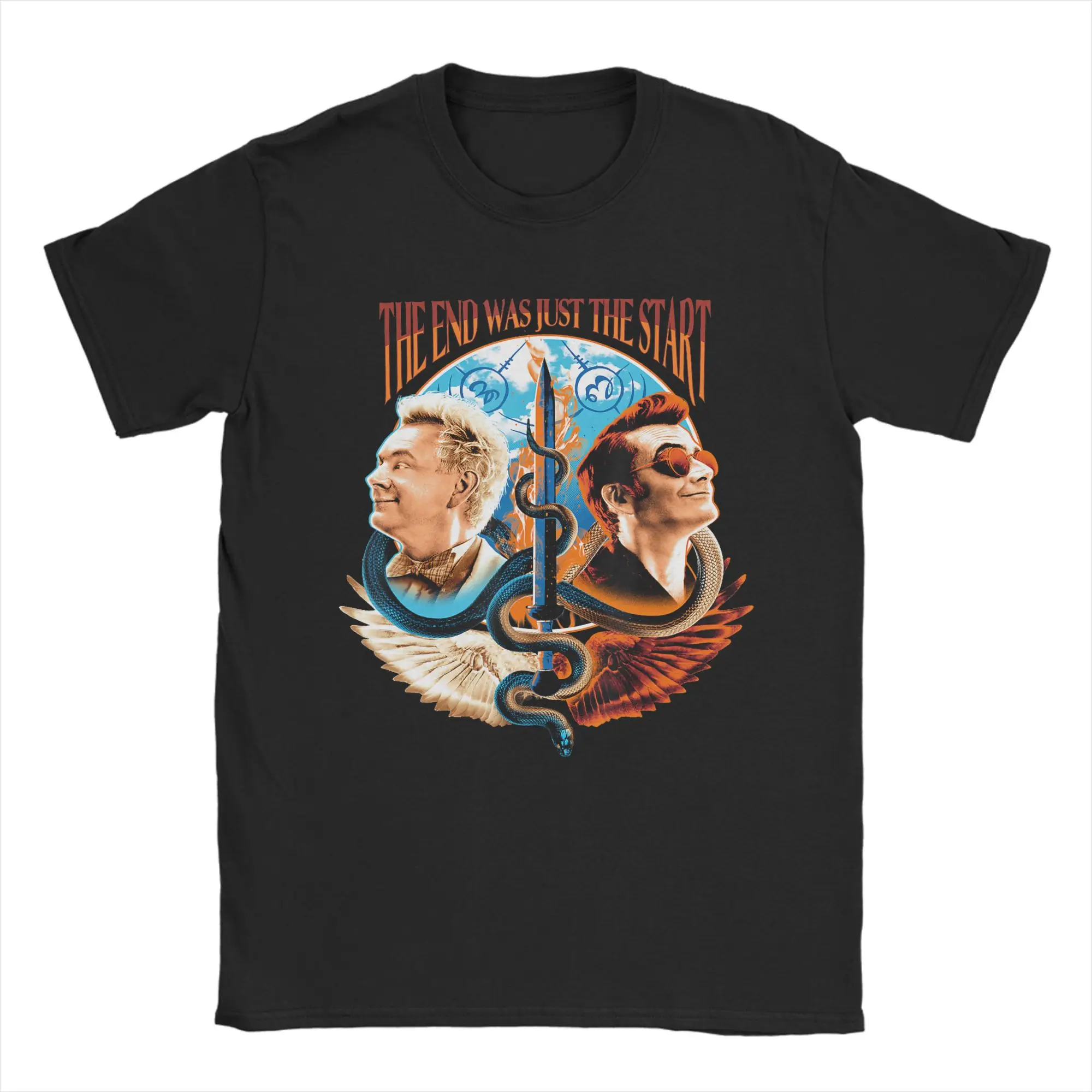 Crazy Good Omens The End Was Just The Start T-Shirt Men O Neck Cotton T Shirts  Short Sleeve Tee Shirt Plus Size Clothes