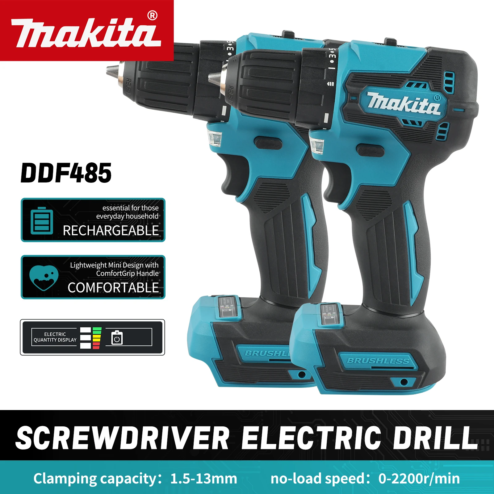 

Makita DDF485 Cordless Drill: 18V,40N.m Torque,0-2200RPM,1/2" Auto-Lock Chuck,Brushless Motor Suited for Screwdriving & Drilling