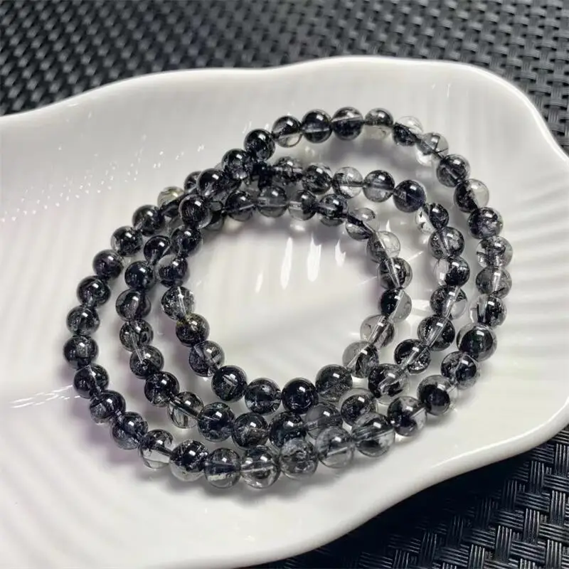 

6.8MM Natural Black Herkimer Diamond Triple Circle Bracelet Handmade Fortune Energy Bangle Mineral Woman Jewelry Gift 1PCS