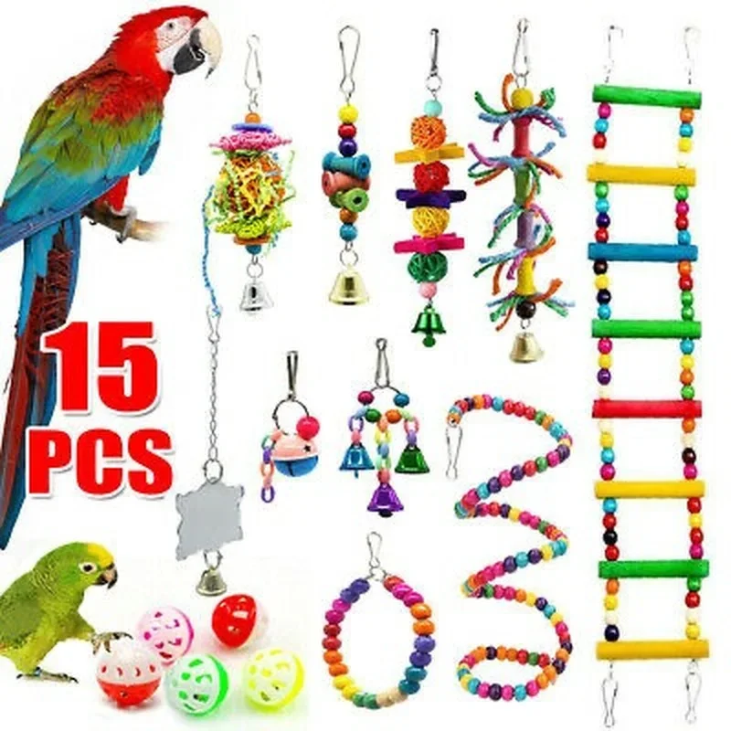 15 Piece Set of Bird Supplies Parrot Toy Combination Climbing Ladder Beads Rotating Bell String Bite Toys Parrot Training Toys