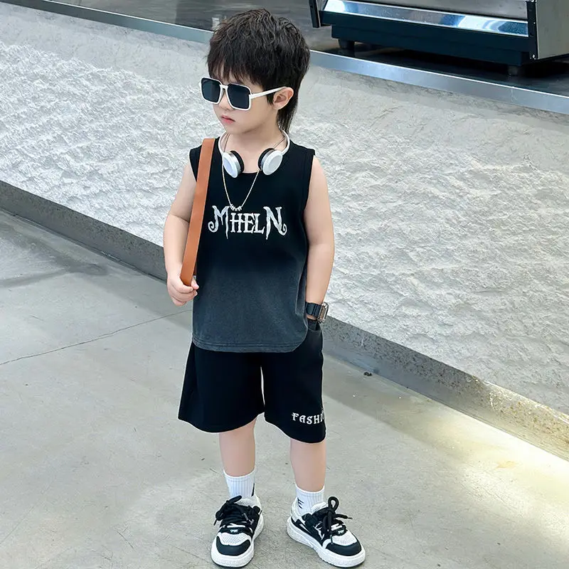 Boys' Summer Suit Pure Cotton Sleeveless Tops Shorts Two-piece Children's Vest Sets Sports Gradual Colorful Letter Print Sets