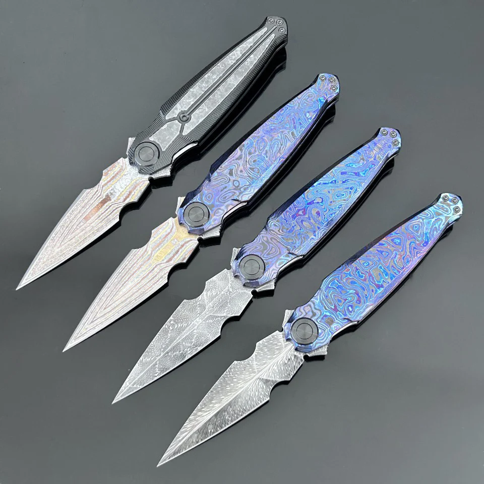 Damascus Steel Folding Knife 60-61HRC Zircuti Black Crystal Titanium Handle Copper Frame Ceramic Bearing EDC Pocket Knife