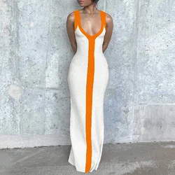 Summer Deep V Neck Contrast Color Long Dress Elegant Sleeveless Bodycon Party Dress Women Fashion Stitching Knitted Slim Dresses