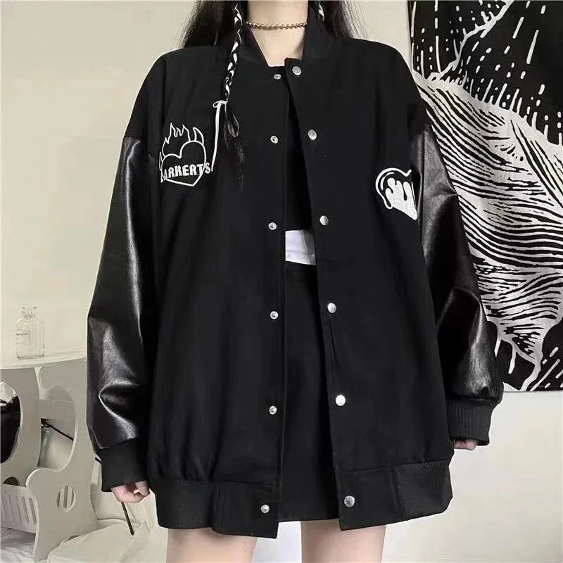 MEXZT-abrigo negro Harajuku para mujer, chaquetas Bomber de retales, ropa de calle Bf, chaqueta de béisbol informal de gran tamaño con estampado de