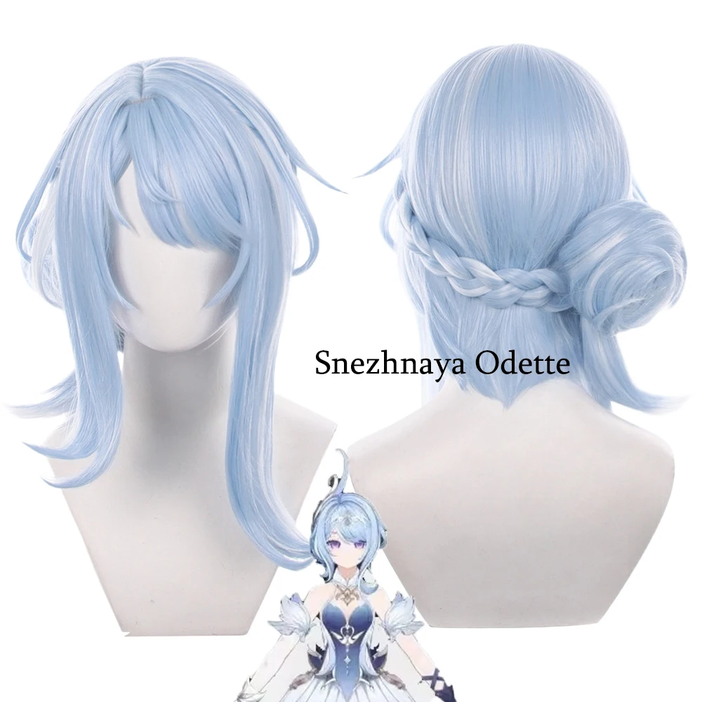 High Quality Snezhnaya Odette Cosplay Wig 43cm Blue White Short Braided Heat Resistant Hair With Bun for Halloween Comic Con Par