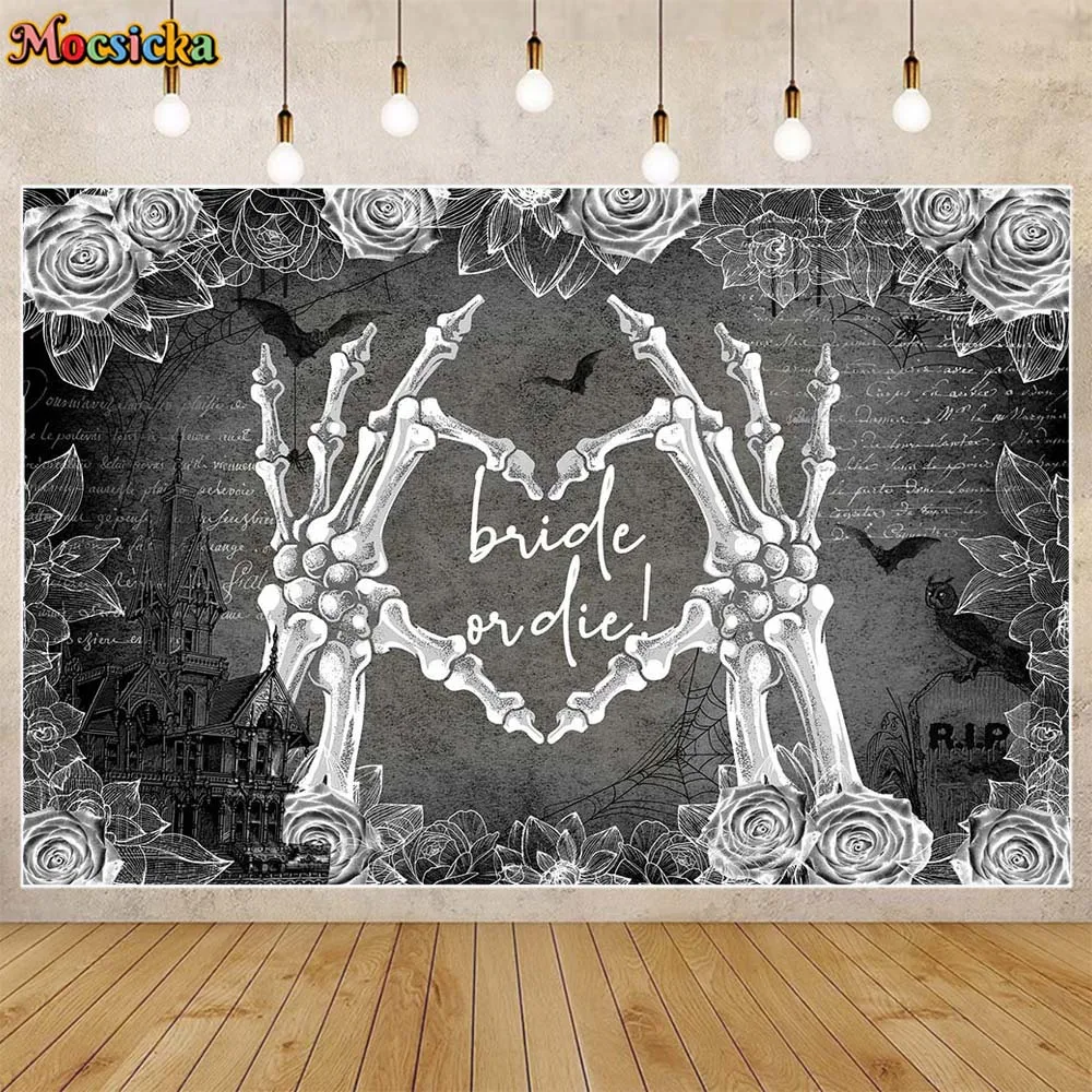 

Mocsicka Bride or Die Halloween Theme Backdrop Ghost Hand Love Heart Rose Bridal Shower Background Photo Studio Photoshoot Props