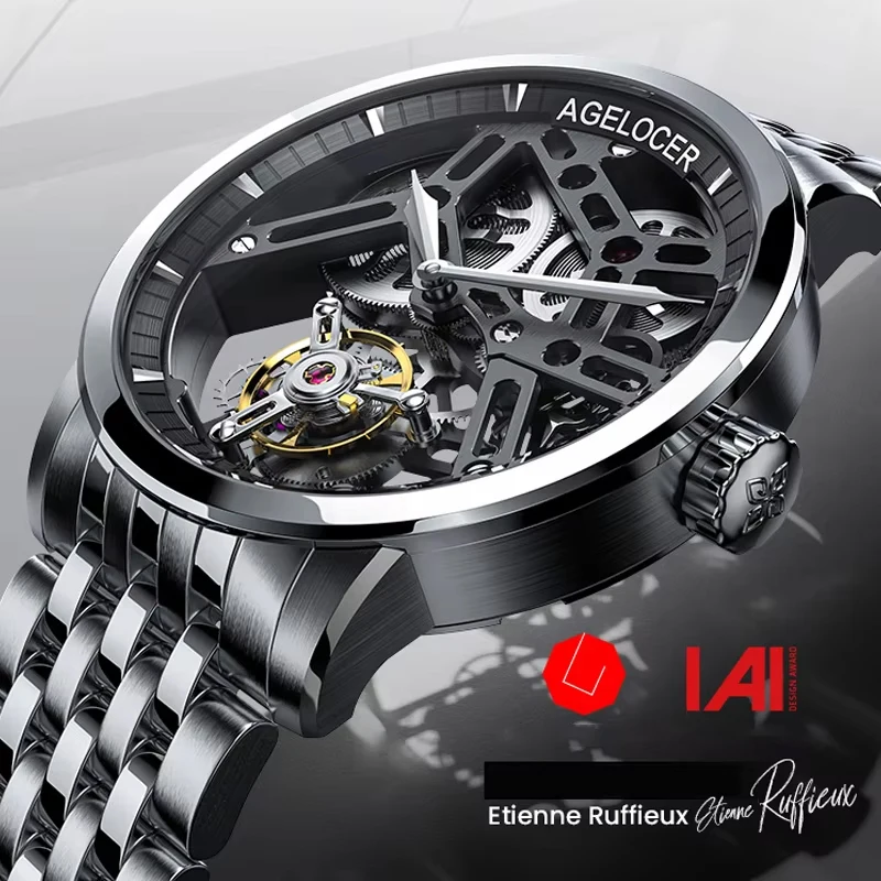 AGELOCER Herrenuhr, Top-Marke, Tourbillon, doppelseitig, hohl, handbetrieben, mechanisch, Edelstahl, analog, Luxuskleid