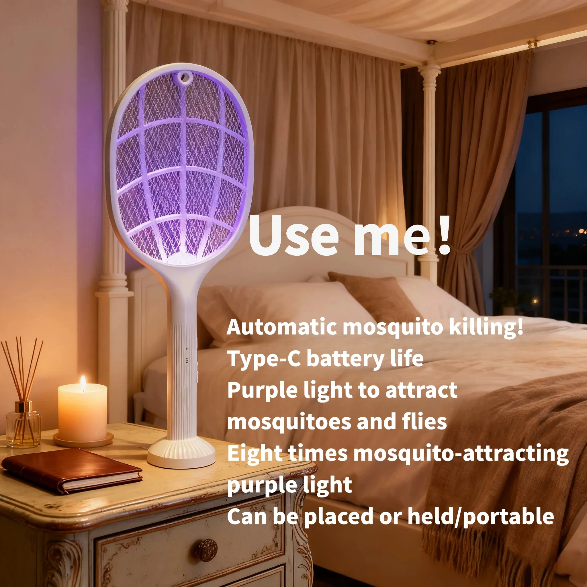 2-in-1 Smart Bug Zapper Racket W/ USB Rechargeable Base, Mosquito Trap & Fly Catcher, 3-Layer Safety Net, for Home/Patio/Camping