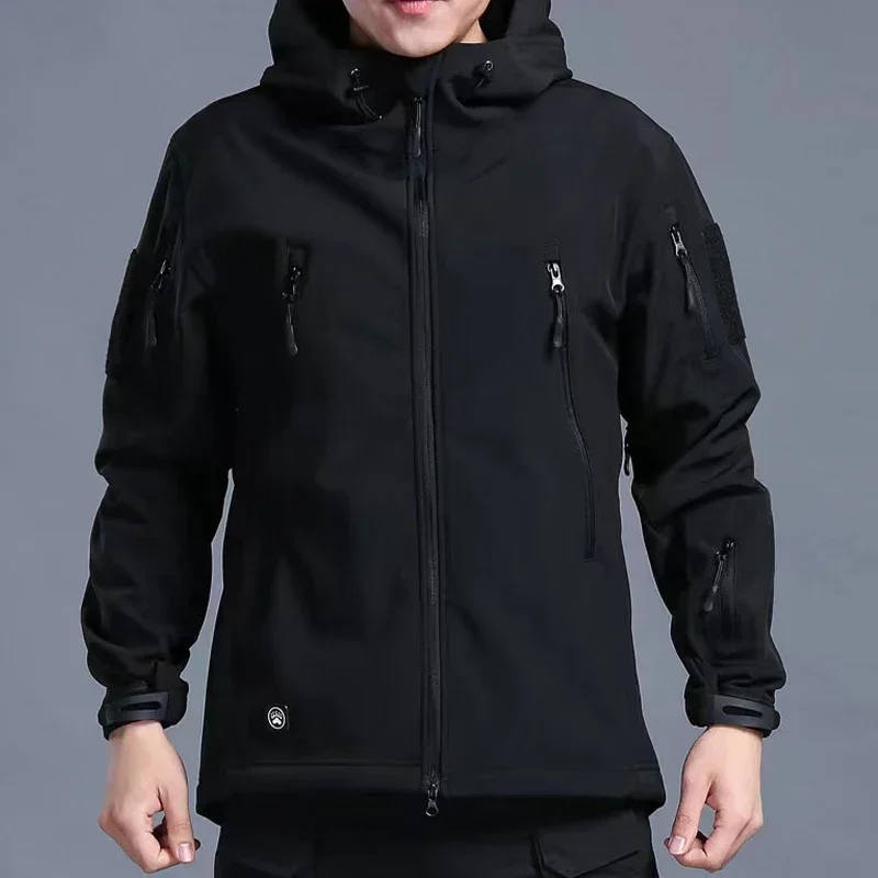 Jaket pria, jaket celana SoftShell hoodie mantel taktis tahan air Set berkemah mendaki berburu memancing pakaian olahraga