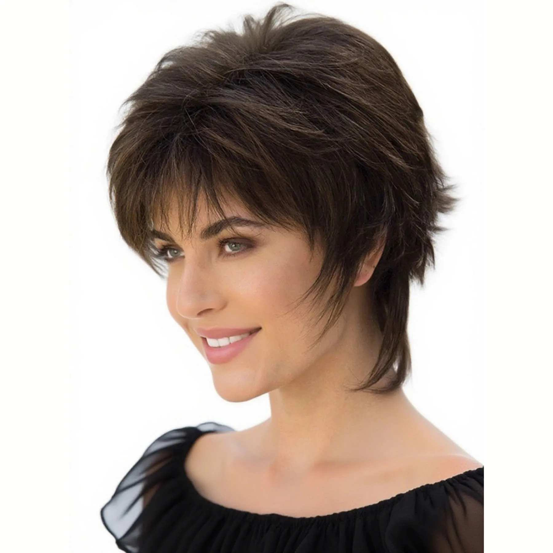 

Short Brown Wigs for Women Synthetic Pixie Hair Fake Wig with Bangs Mommy Wig Hair Replacement Wigs Long Hair Ends Daily Use