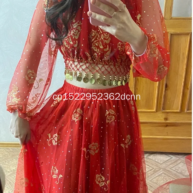 Indian Bollywood Belly Dance Costume Set Sari Bollywood Outfit Egypt Belly Dance Stage Performance Chiffon Dance Sequins 2/8Set