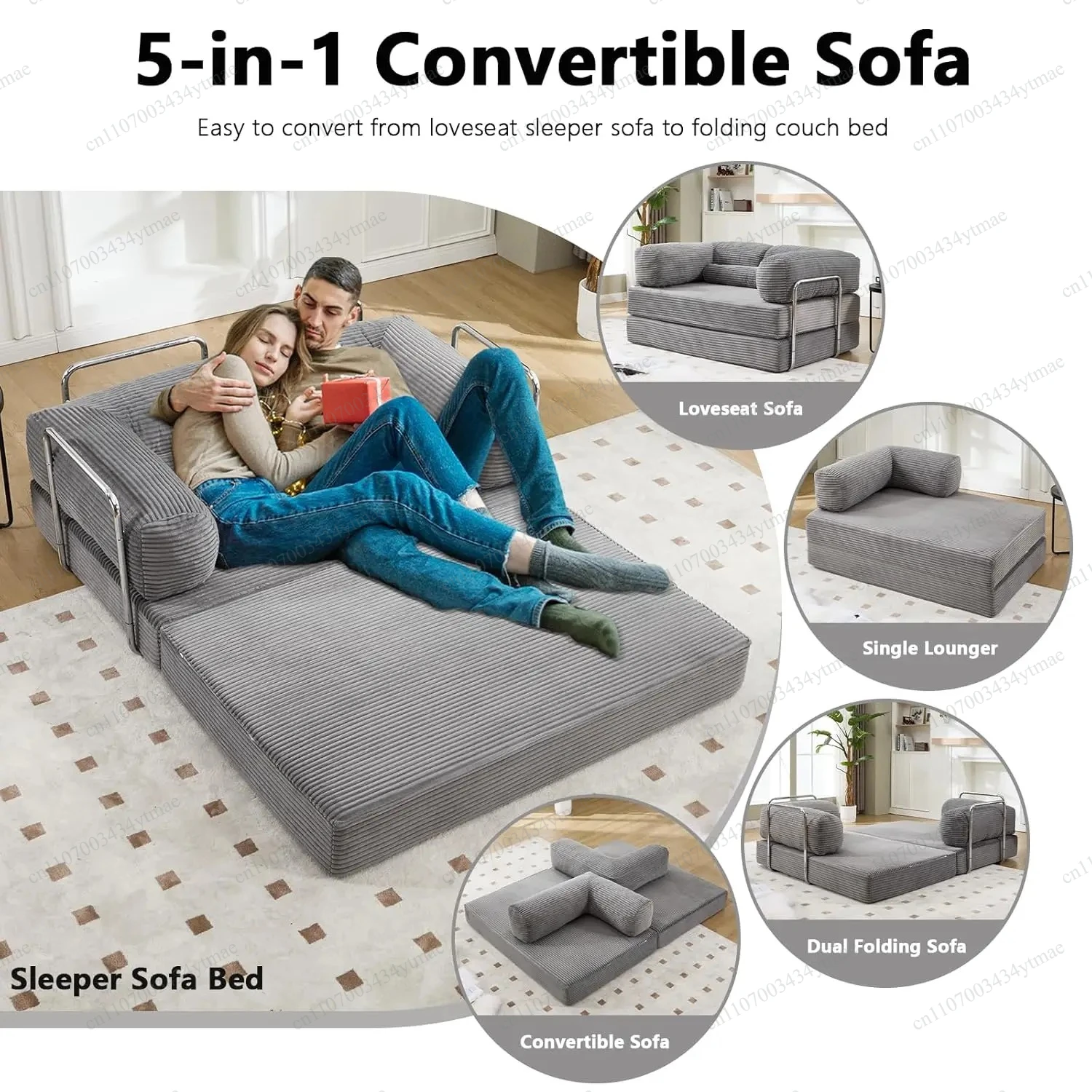 79 Inch 5-in-1 Convertible Sleeper Sofa Bed Corduroy Foldable Boneless Floor Couch with Steel Frame Living Room Furniture