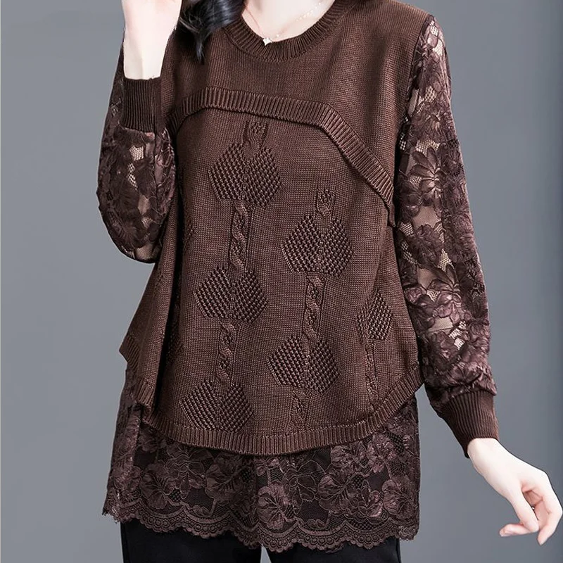 

2024 Autumn Winter New Solid Jacquard Weave Long Sleeve Sweaters Women Knitting Pullovers Lace Patchwork Casual Tops Jumpers