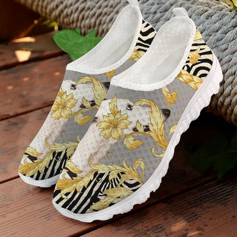 

WHEREISART Fashion Women Mesh Sneakers Luxury Golden Floral Shoes Greyhound Dogs Prints Outdoor Couple Flats 2022 Dropshipping