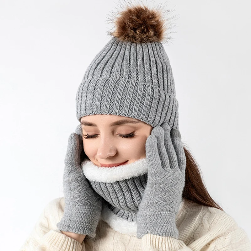 Me Women Knitted Wool Warm Plus Velvet Thick Winter Scarf Gloves Hat Neck Three-piece set