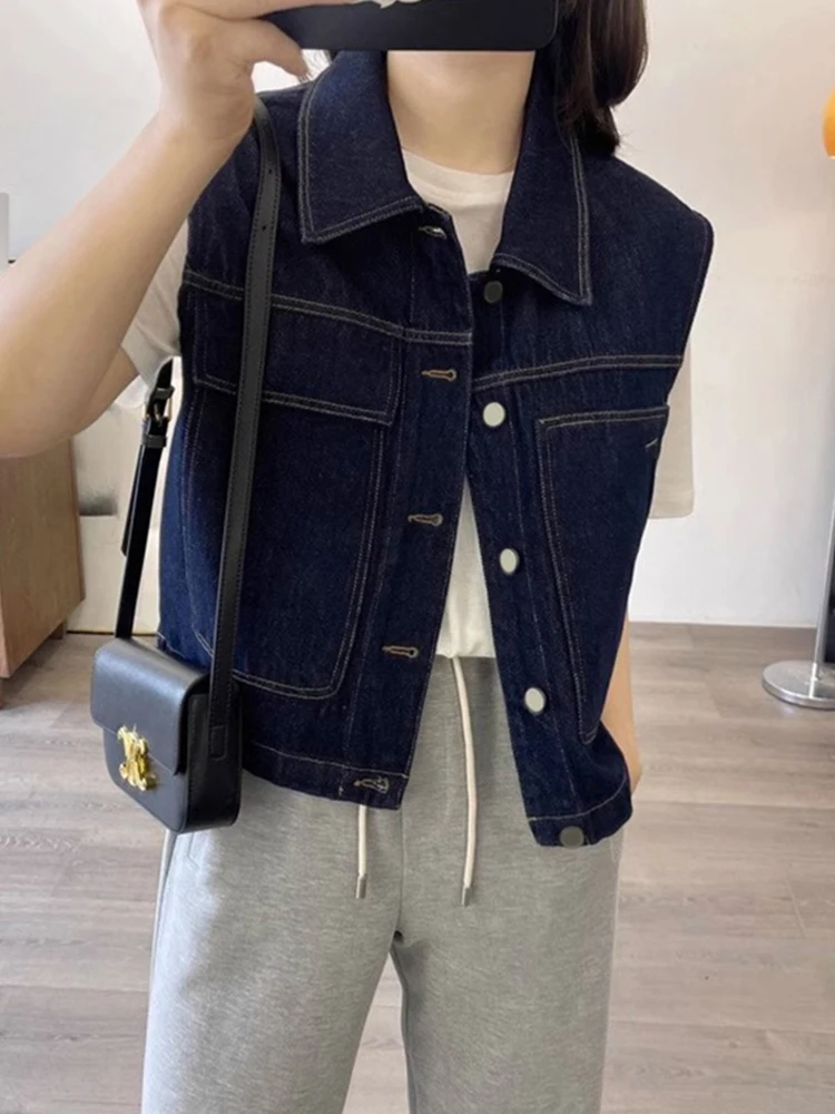 

Моющийся джинсовый жилет в стиле ретро, осенний новый многослойный жилет, утягивающая верхняя одежда, топ с накладками на плечах, женский топ больших размеров