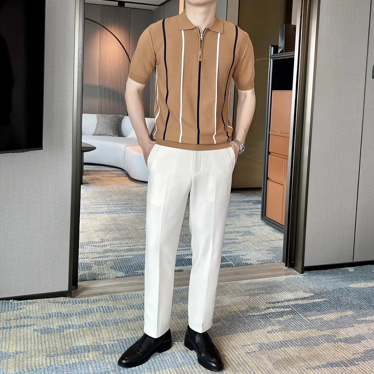 Summer Vertical Striped Half-Zip Lapel Short Sleeve Knit Polo Shirt Men's Business Casual Top