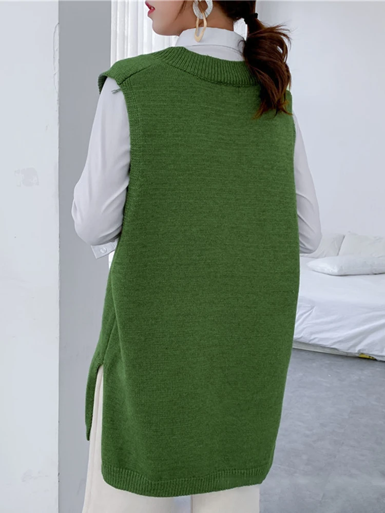 EAM-suéter de punto con abertura lateral amarilla para mujer, Jersey sin mangas con cuello en V, talla grande, tendencia de moda, primavera y otoño, 2024, 1DH6441