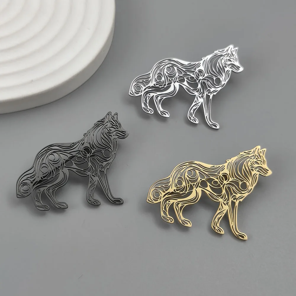 316L Stainless Steel Plated 18K Gold Scroll Wolf Hollow Brooch Lapel Pin Animal Totem Suit Backpack Unisex Metal Jewelry Gift
