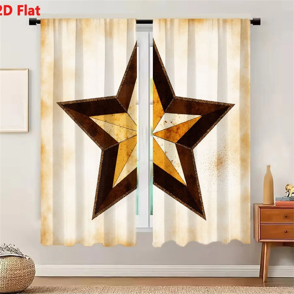 2Pcs Curtains 2D Flat Vintage Aged Five - Pointed Star Geometric Pattern Folk Art Rustic Brown Tan Off - White Textured Backgrou