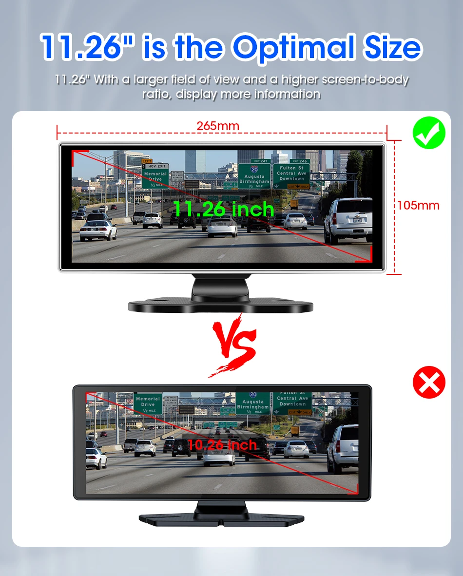 11,26 Zoll Dash Cam 4K Auto DVR Wireless Carplay & Android Auto GPS Navigation Video Recorder Dashboard Dual Objektiv Wifi AUX FM – Detail 3