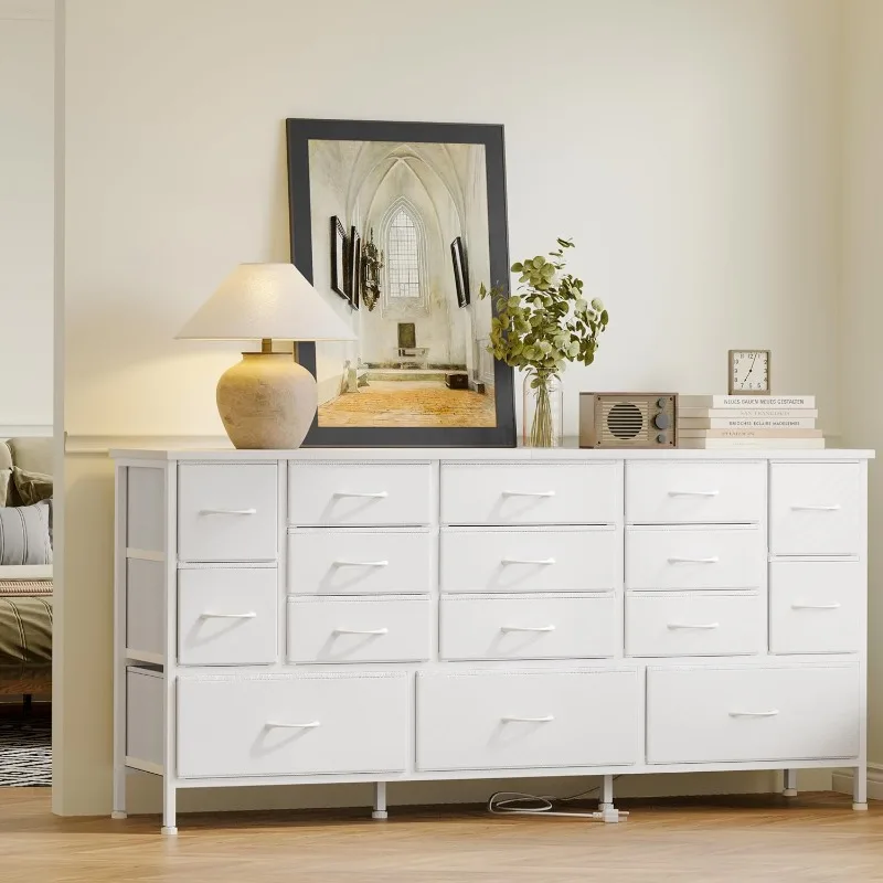 

63.3 Inch Long Bedroom Dressers with Drawers Large Cabinet with Power Outlets Bedroom TV Stand with Storage, Fabric Dresser