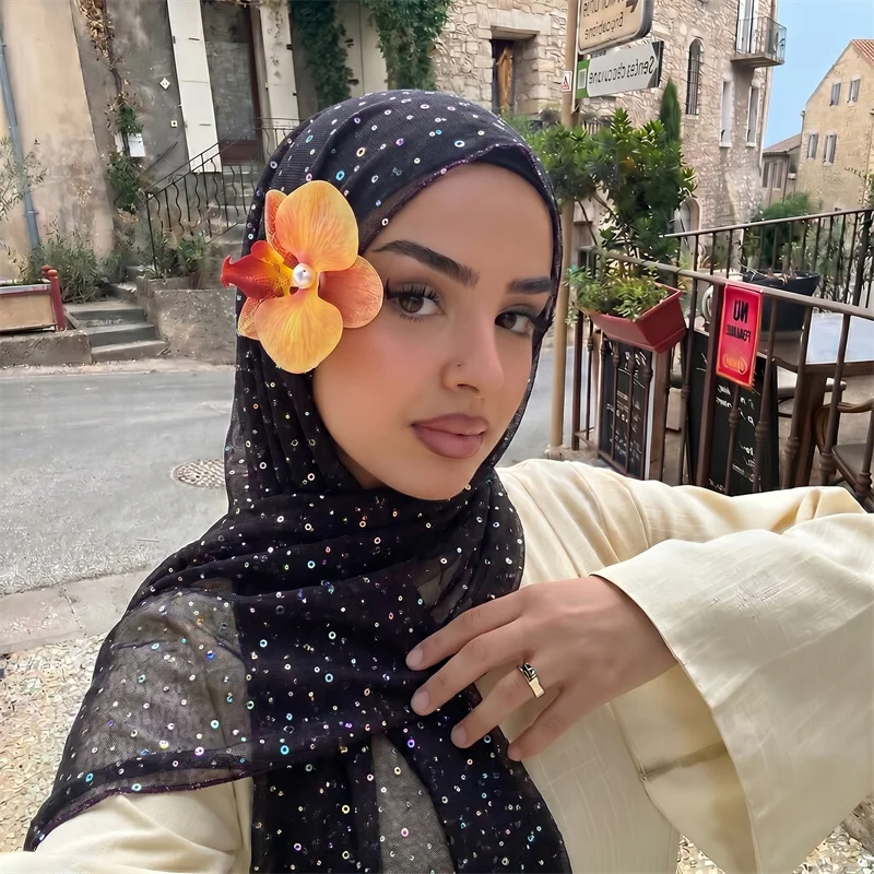 Elegant Shiny Sequin Mesh Muslim Hijab Sheer Polyester Fabric Long Head Scarf Ladies Sparkly Shawl For Evening Formal Party
