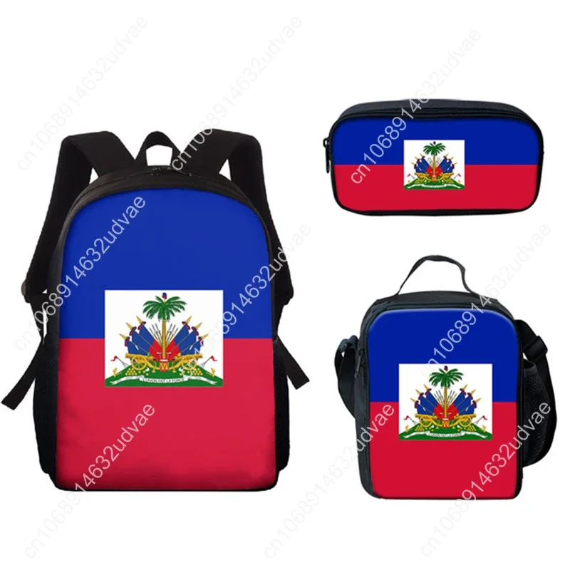 Popular Youthful Haiti Flag 3D Print 3pcs/Set Student Travel bags Laptop Daypack Backpack Lunch Bag Pencil Case