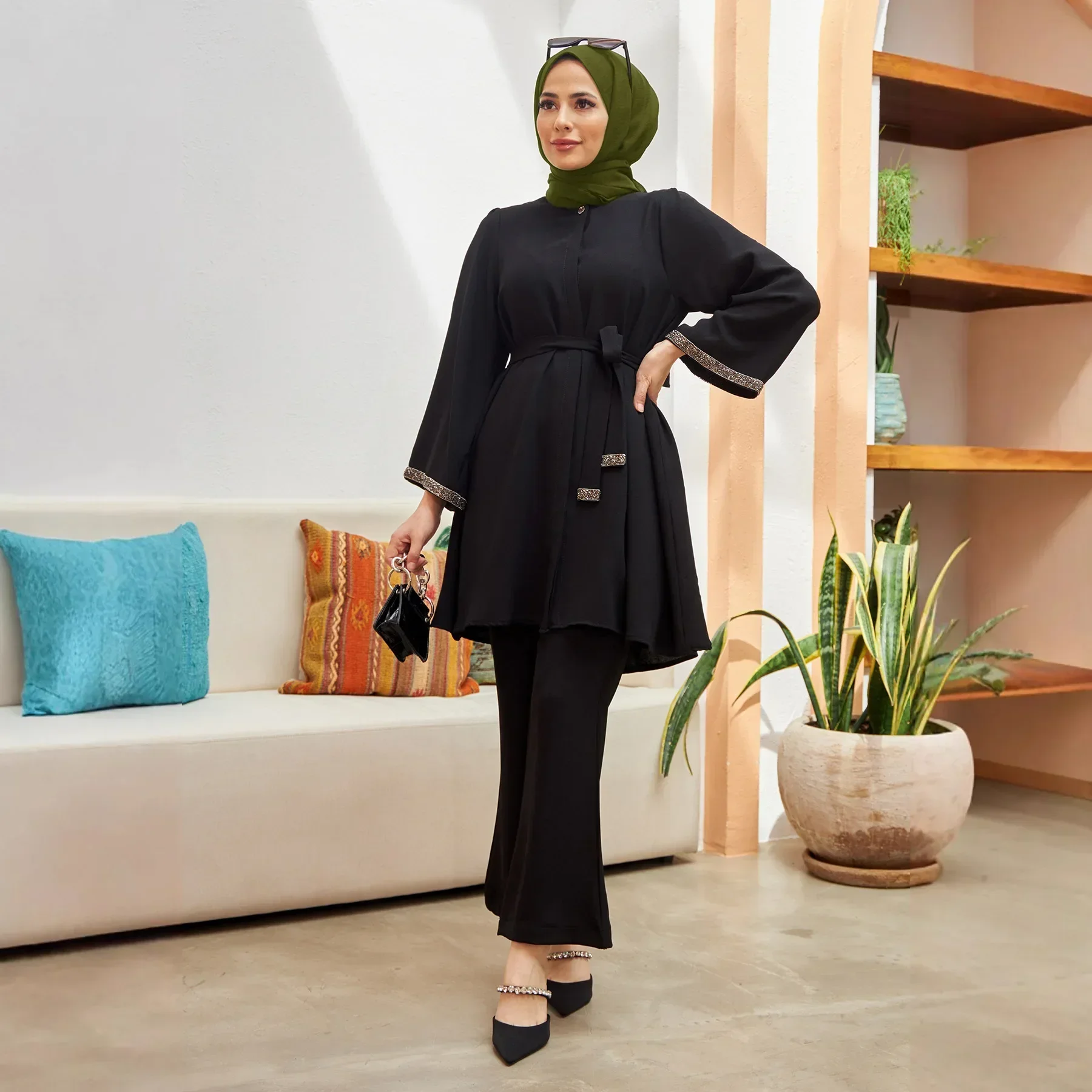 Muslimisches 2-teiliges Set für Damen, Oberteil, Hosenanzug, Eid, Ramadan, Schnürung, Marokko, Dubai, Islam, lässiges Ensemble, Türkei-Hose, arabische Outfits