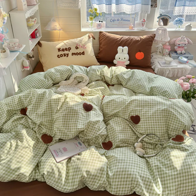 3/4Pcs Bedding Set Summer Comforter Set Cute Fresh Green Checkered Heart Double Single Bed Linen Queen Bed Sheets Plaid De Luxe