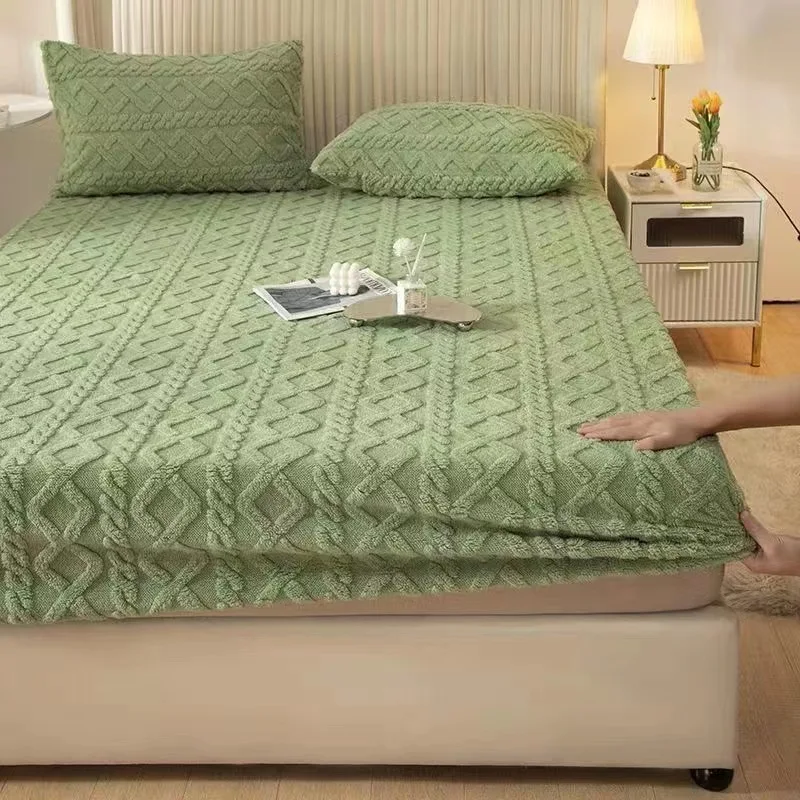 Flannel Sheets Fashion Solid Color Jacquard Comfortable Soft Elastic Bedspread Thickened Warm Dust Protection Mattress Cover