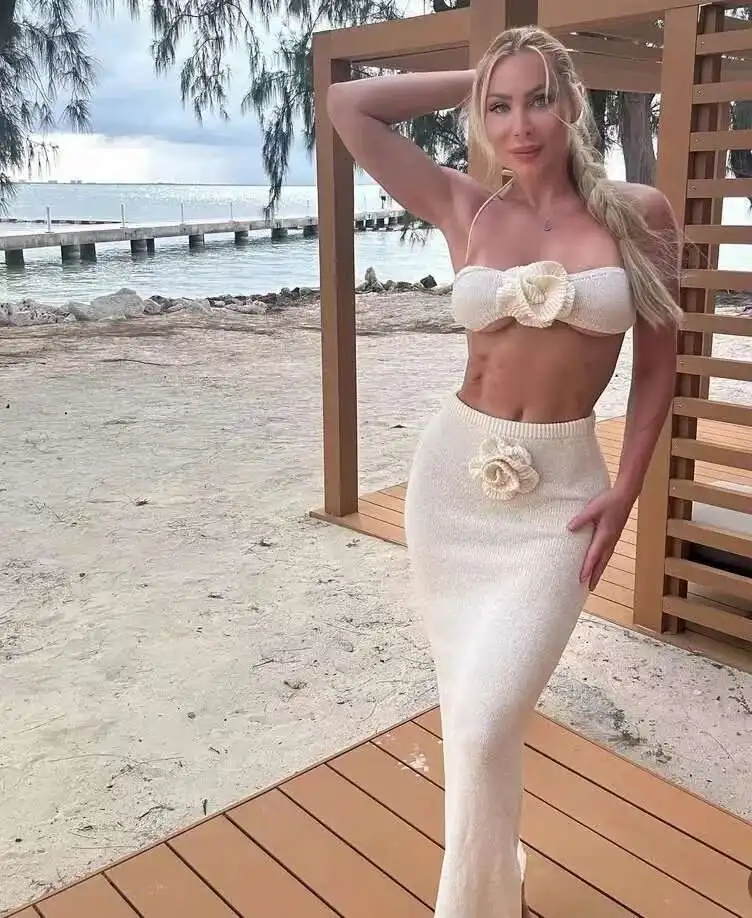 Ensemble de jupes pour femmes, sans bretelles, tricoté, fleur creuse, taille haute, pour femmes, ensemble de vacances à la plage