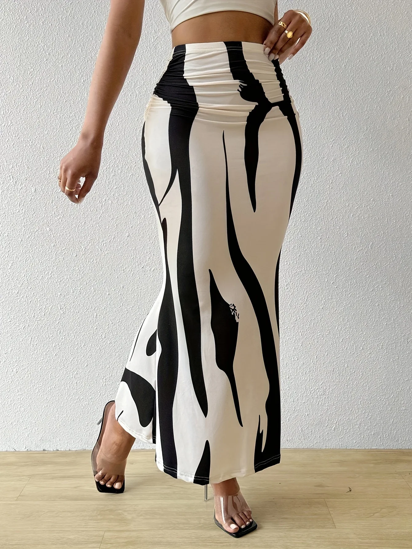 Dressy Casual Graphic Zebra Print Pleated Long Skirts Women Autumn Fashion Elastic High Waist Geometry Midi Skirt Streetwear