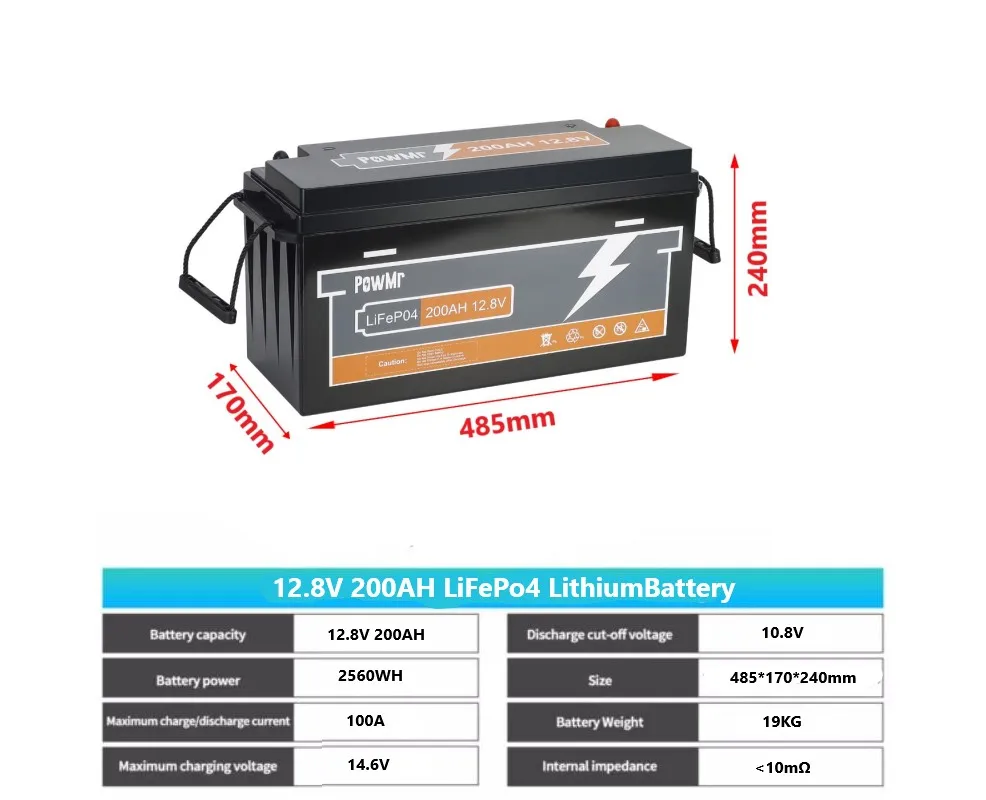 12V 200Ah LiFePO4 Lithium Battery Pack 2.5KWH 6500+ Cycles BMS Iron Phosphate Battery RV Boat Yacht Solar Energy Storage System