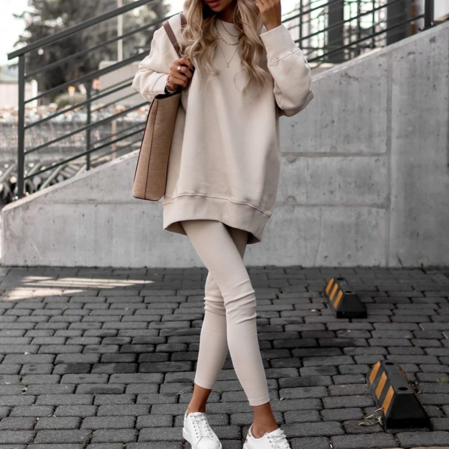 Two Piece Set Women Outfit 2023 Autumn Loose Casual Solid Color Round Neck Long Sleeve Sweatshirt & High Waist Skinny Pants Set