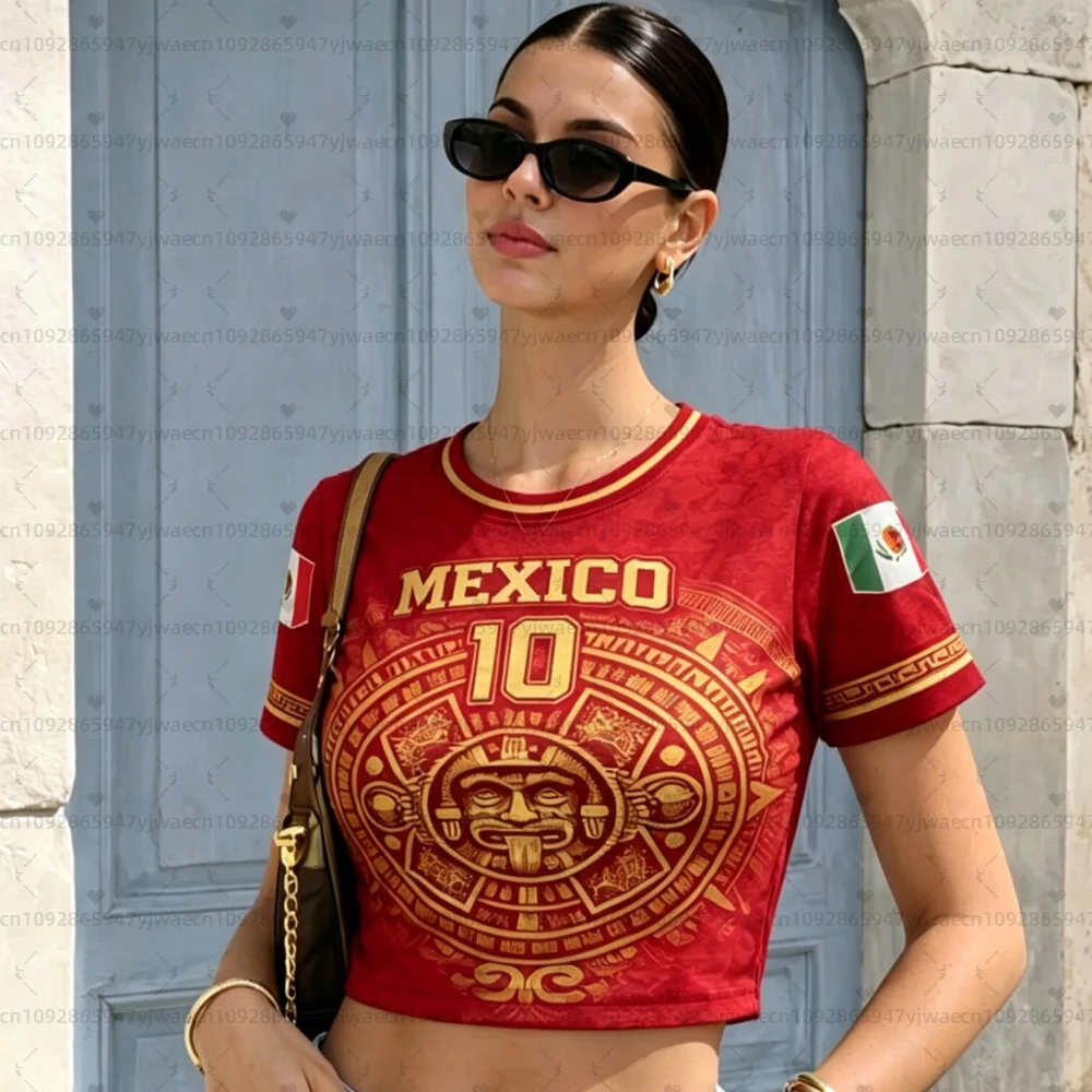2026 Mexico 3D Pattern Cheerleader Women's Football Jersey, Mexican Flag Crop Top, Summer Casual Streetwear Tee For soccer Fans