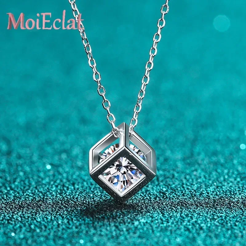 MoiEclat Store Platinum PT950  1ct Moissanite Hollow 3D Cube Pendant Necklace, Geometric Necklace Jewelry Anniversary Gift