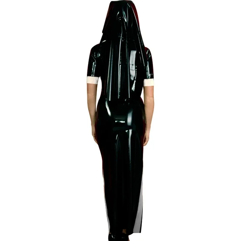 Sexy Long Latex Dress With Nun Habit Trims At Sides Headgear Cross Zip Back Rubber Uniform Bodycon Playsuit