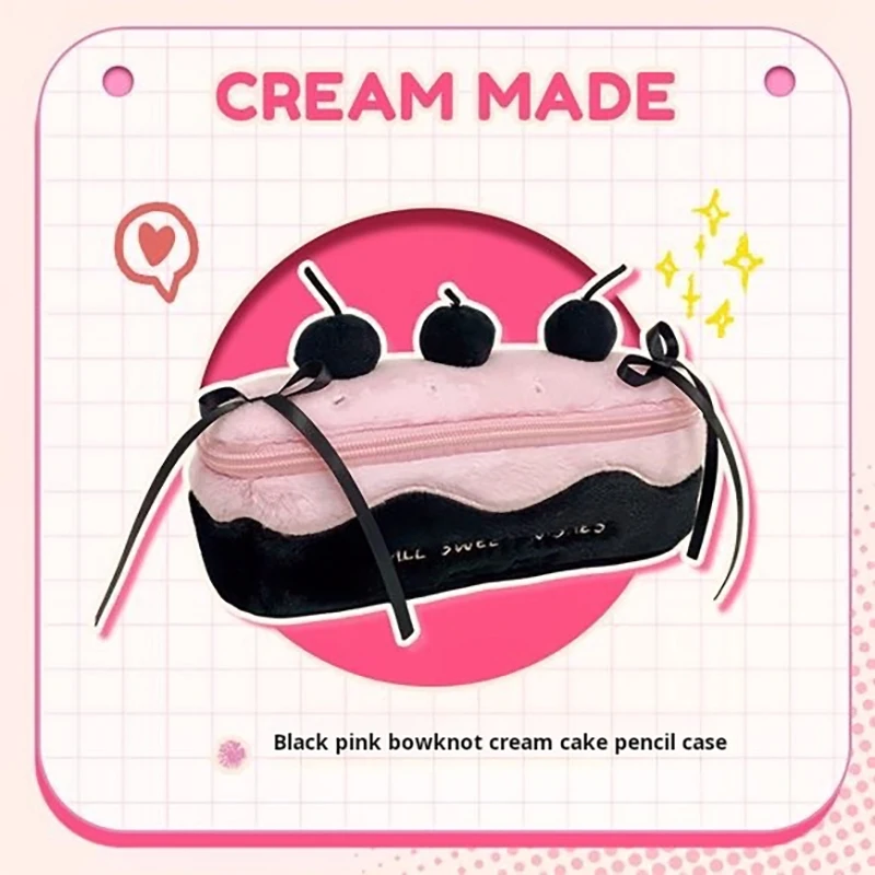 1 piece Cute Plush Cherry Cake Pencil Case   Large Capacity Stationery Bag Student Stationery Bag Storage Bag